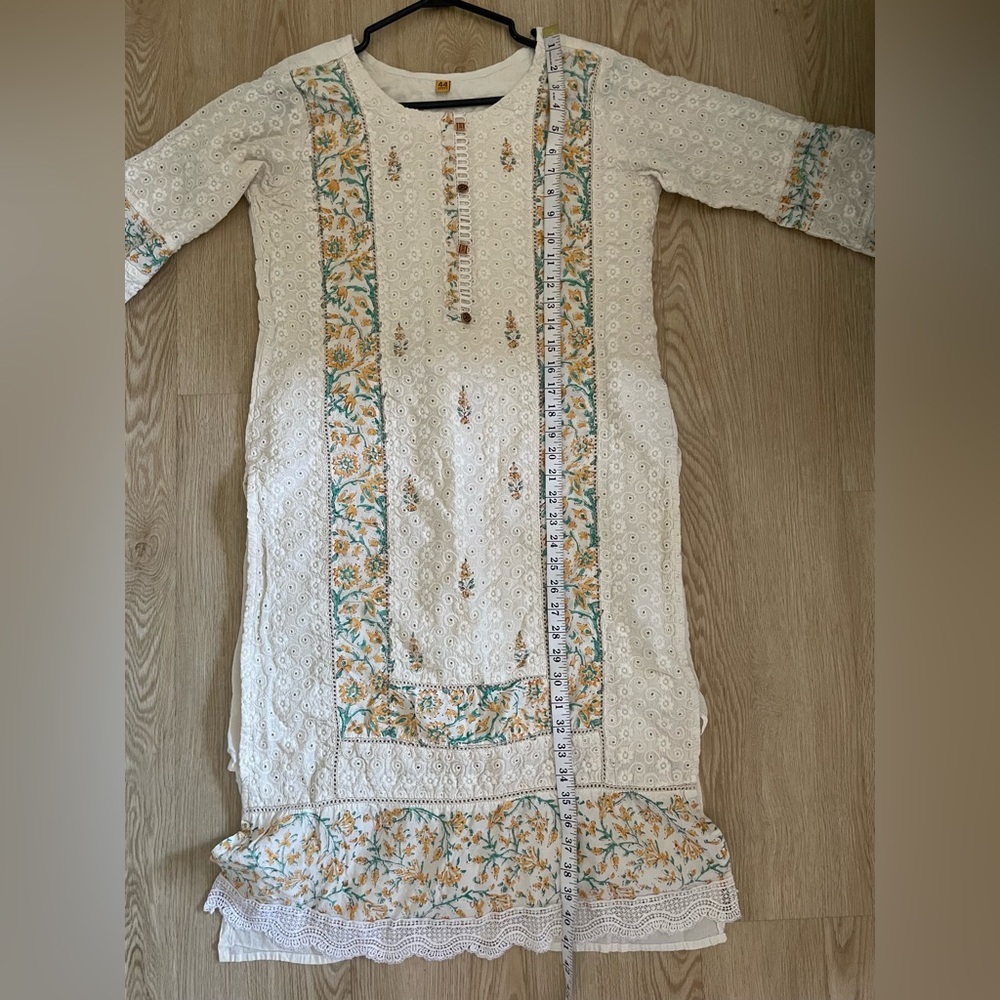 Artisan Block Print Kurti Tunic with Dupatta Boho Chikankari Eyelet Cotton Dress - Picture 11 of 16